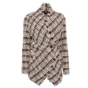 Isabel Marant Wool Tweed Asymmetric One-Button Fringe Trim Wrap Blazer Jacket